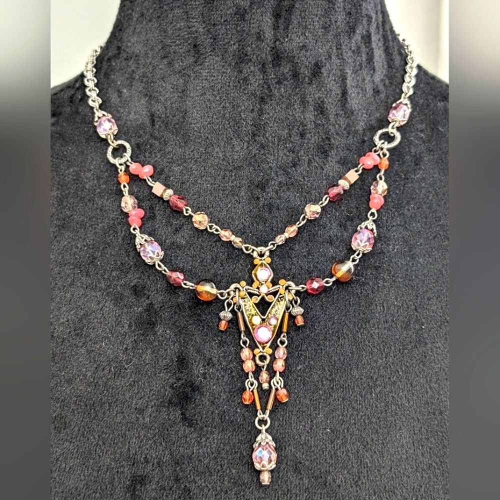 Treska Victorian Style Necklace Silver Tone Glass AB Crystal/Stone/Acrylic